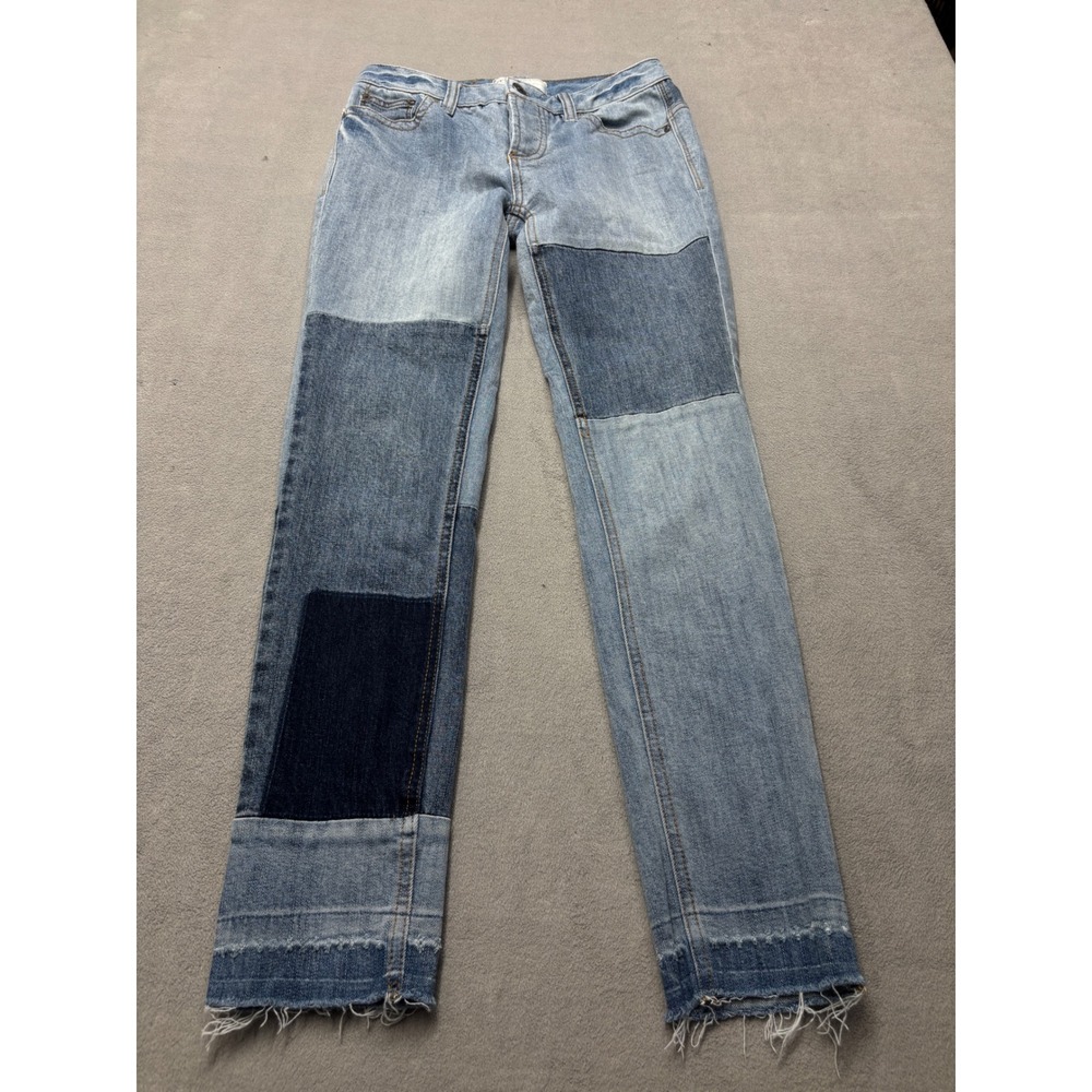 Free People Patchwork Straight Leg Jeans Blue Multi Raw Hem 25 61855-16515125